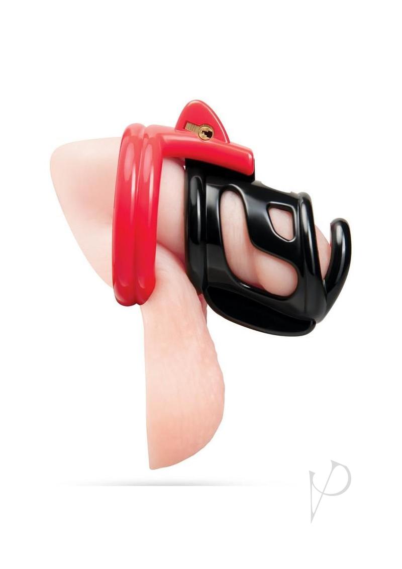 Red Zone Cock Shackle Chastity Cage 2 Inch Red and Black – compact design for control and power exchange.