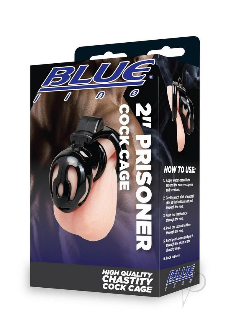 Blueline Prisoner 2 Inch Cock Cage Black in packaging with instructions for use and features highlighted.
