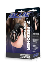 Blueline Prisoner 2 Inch Cock Cage Black in packaging with instructions for use and features highlighted.