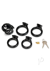 Blueline Prisoner 2 Inch Cock Cage Black set including the cage, rings, lock, and keys.