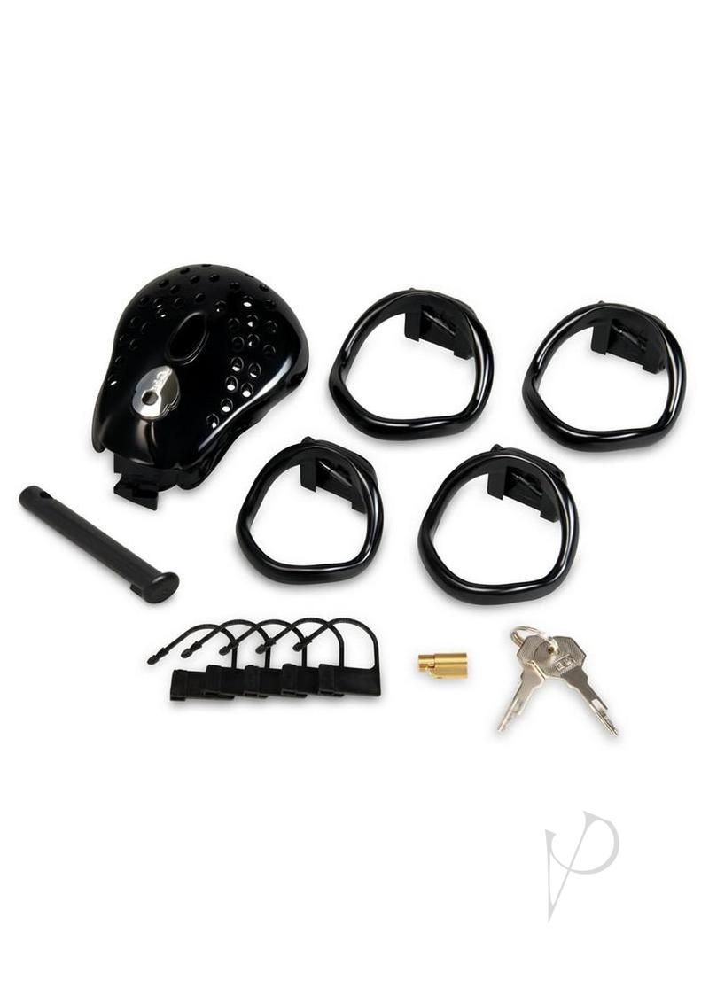 Blueline Full Coverage Locked Up Chastity Cage Black includes device, rings, keys, and accessories for restraint play.