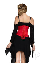 Leg Avenue Steel Boned Satin Waist Cincher Large Black showcased on a model wearing a stylish black and red outfit from the back.