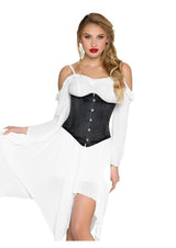 Leg Avenue Steel Boned Satin Waist Cincher X-Large Black worn under a flowing white dress, showcasing hourglass shaping.