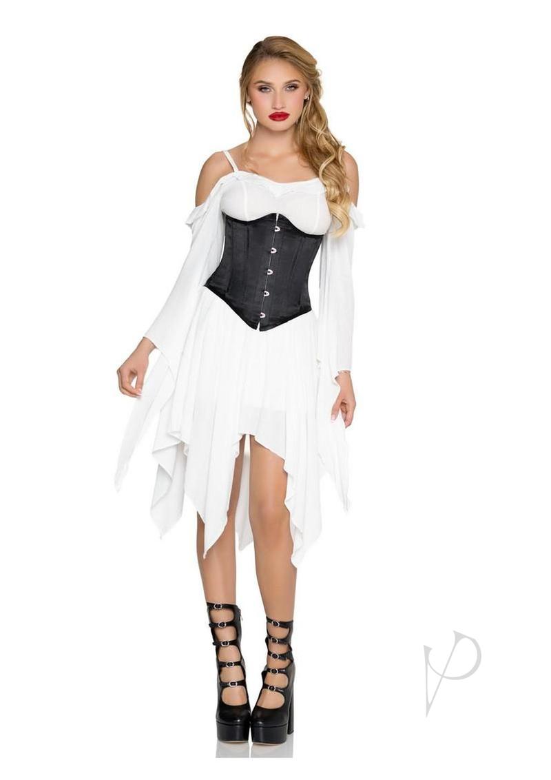 Leg Avenue Steel Boned Satin Waist Cincher X-Large Black worn under a white dress with stylish high heels.