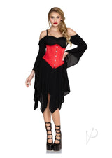 Leg Avenue Steel Boned Satin Waist Cincher Medium Red worn with a black dress, showcasing an hourglass figure.