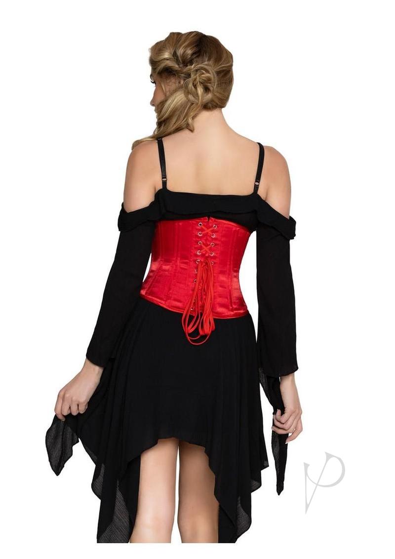 Leg Avenue Steel Boned Satin Waist Cincher Small Red showcased on a model wearing a black dress from the back.