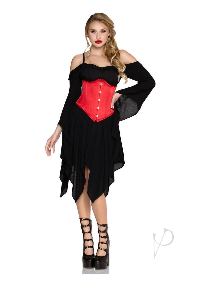 Leg Avenue Steel Boned Satin Waist Cincher Small Red worn with a stylish black dress, showcasing a bold hourglass silhouette.