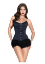 Leg Avenue Steel Boned Satin Corset Medium Black worn by a model, showcasing a sleek silhouette with dramatic shaping.