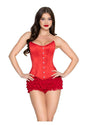 Leg Avenue Steel Boned Satin Corset Small Red worn by a model showcasing hourglass silhouette and elegant design.
