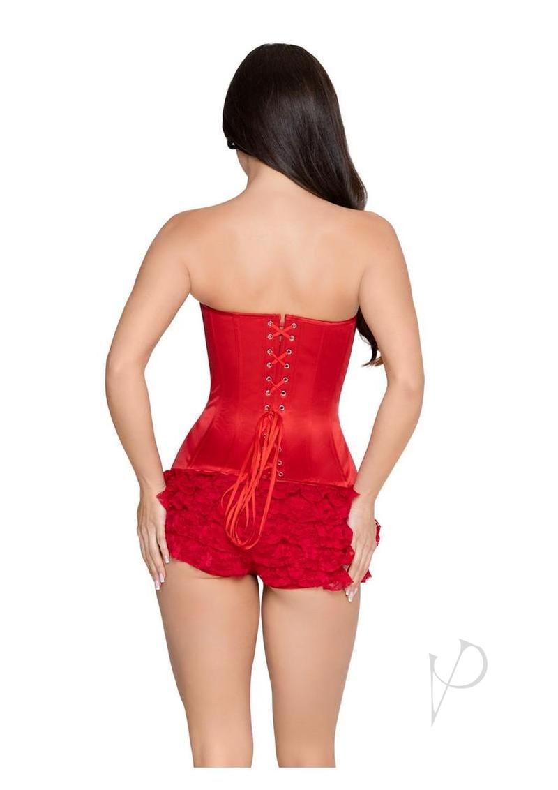 Image of a woman wearing Leg Avenue Steel Boned Satin Corset Small Red, showcasing its lace-up back design and satin finish.