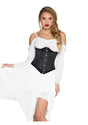 Leg Avenue Steel Boned Satin Waist Cincher Small Black worn under a white dress, showcasing a sleek silhouette.