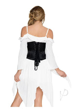 Leg Avenue Steel Boned Satin Waist Cincher Small Black worn under a white dress, showcasing its sleek design and back laces.