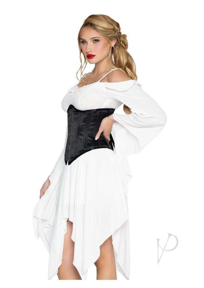 Woman wearing Leg Avenue Steel Boned Satin Waist Cincher Small Black with a flowing white dress, showcasing hourglass shape.