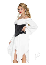 Woman wearing Leg Avenue Steel Boned Satin Waist Cincher Small Black with a flowing white dress, showcasing hourglass shape.