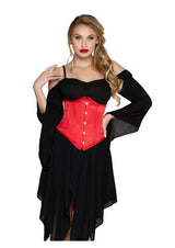 Leg Avenue Steel Boned Satin Waist Cincher Red worn with black outfit, showcasing structured support and smooth satin.