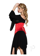 Woman wearing Leg Avenue Steel Boned Satin Waist Cincher Large Red, showcasing a smooth satin finish and elegant silhouette.