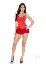 Leg Avenue Steel Boned Satin Corset X-Large Red worn by a model with a ruffled red skirt and high heels.