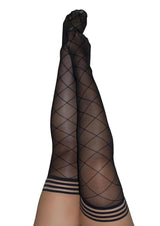 Kixies Anna Sheer Diamond Pattern Thigh Highs Medium Black showcasing a stylish diamond pattern and elegant black design.