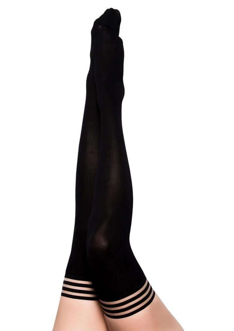 Kixies Danielle Opaque Thigh High Tights Size D XLarge Black shown on legs with decorative stripes at the top.