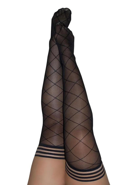 Kixies Anna Sheer Diamond Pattern Thigh Highs Size A Small Black displayed on model's legs.