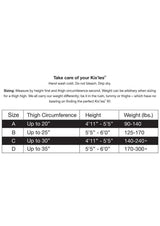 Sizing guide for Kixies Anna Sheer Diamond Pattern Thigh Highs Size A Small Black including height and weight recommendations.