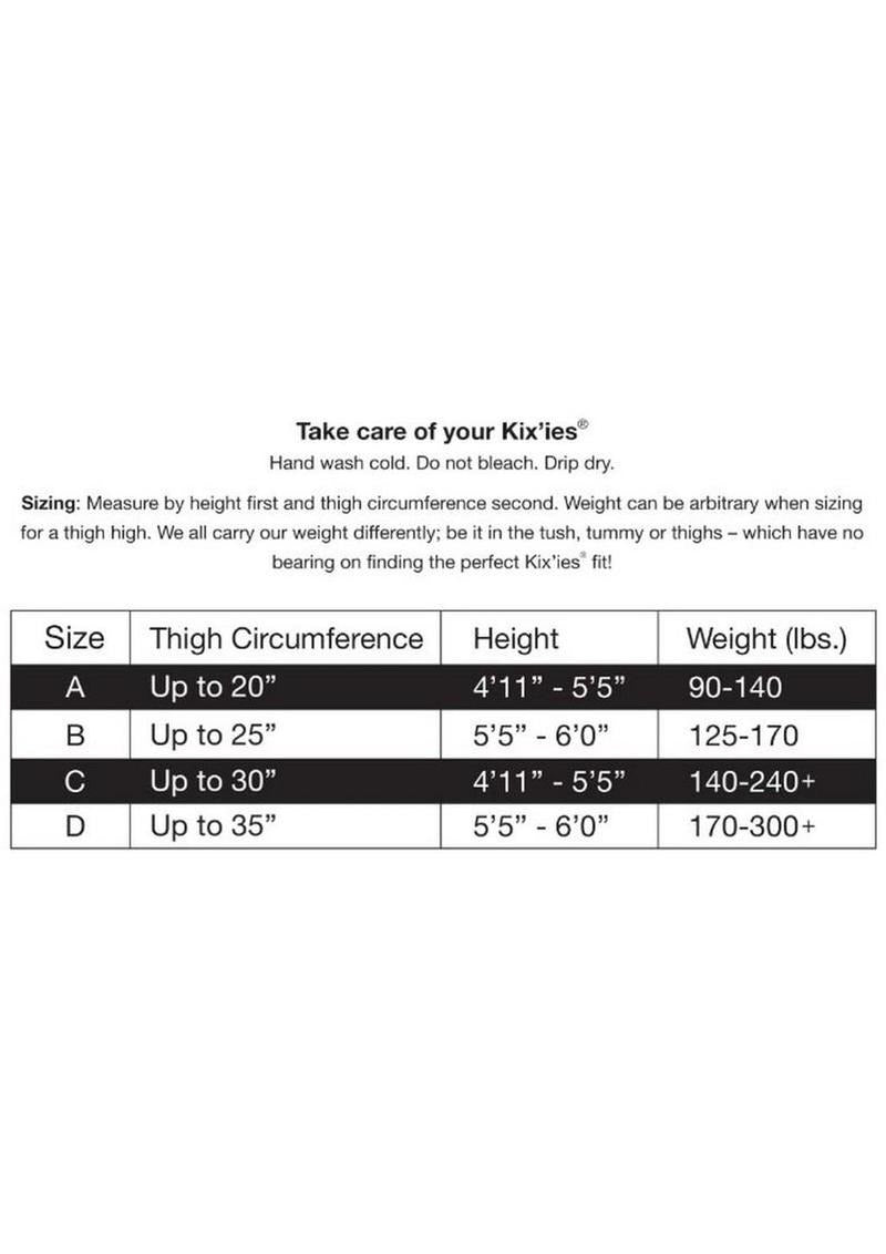 Sizing chart for Kixies Kaylee Shimmer Thigh High Tights Size C Large Grey with height and weight guidelines.