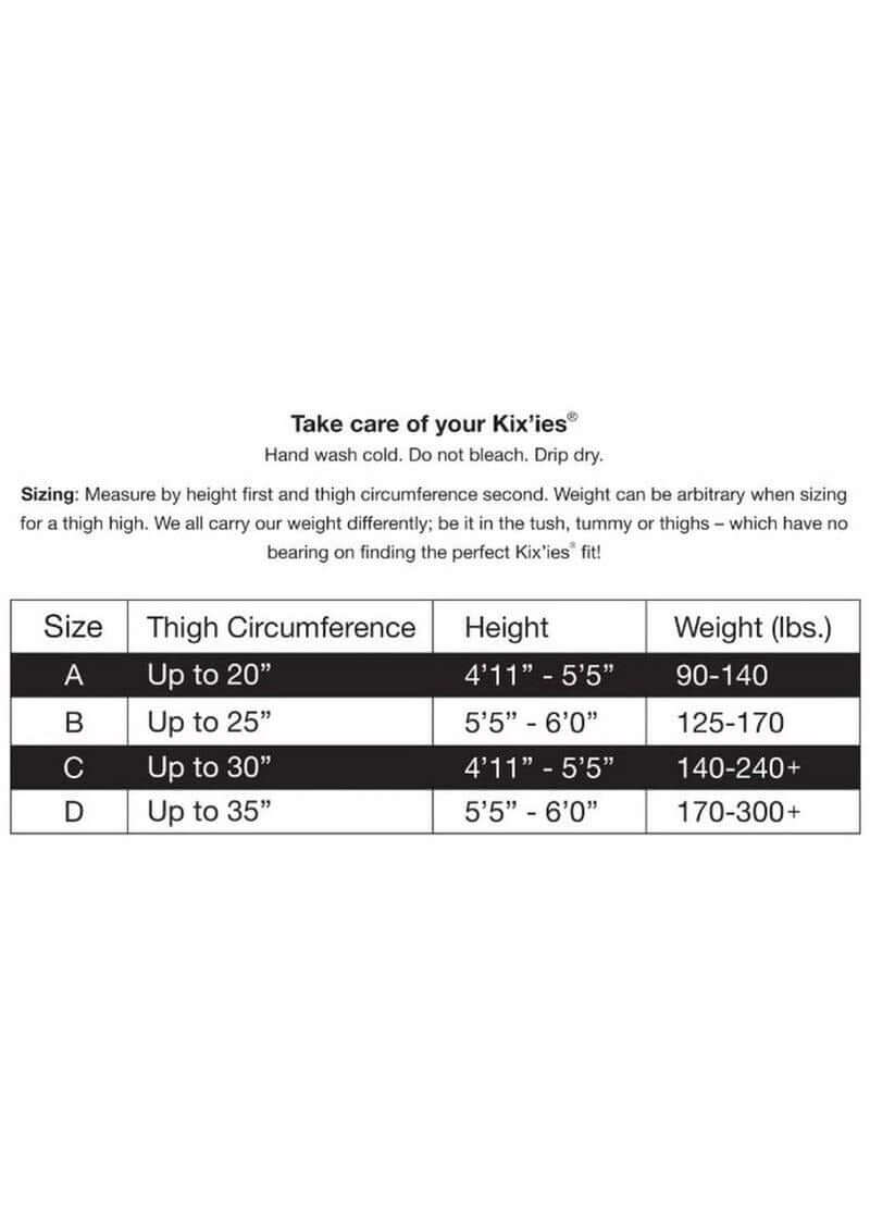 Size chart for Kixies Michelle Large Net Fishnet Thigh High Size B Medium Black with care instructions and sizing details.