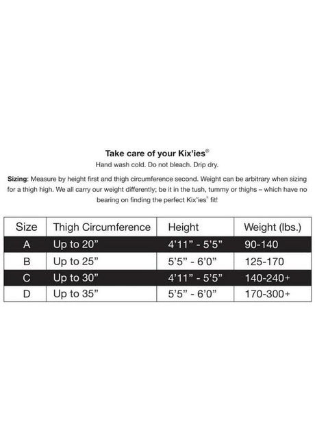 Size chart for Kixies Michelle Large Net Fishnet Thigh High Size B Medium Black with care instructions and sizing details.