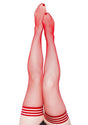 Kixies Sandra Fishnet Thigh High Size B Medium Red legs showcasing bold fishnet design and striped tops.