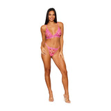 Dreamgirl Flocked Heart Mesh and Eyelash Lace Robe, Bralette, and G-string Set Peony XL