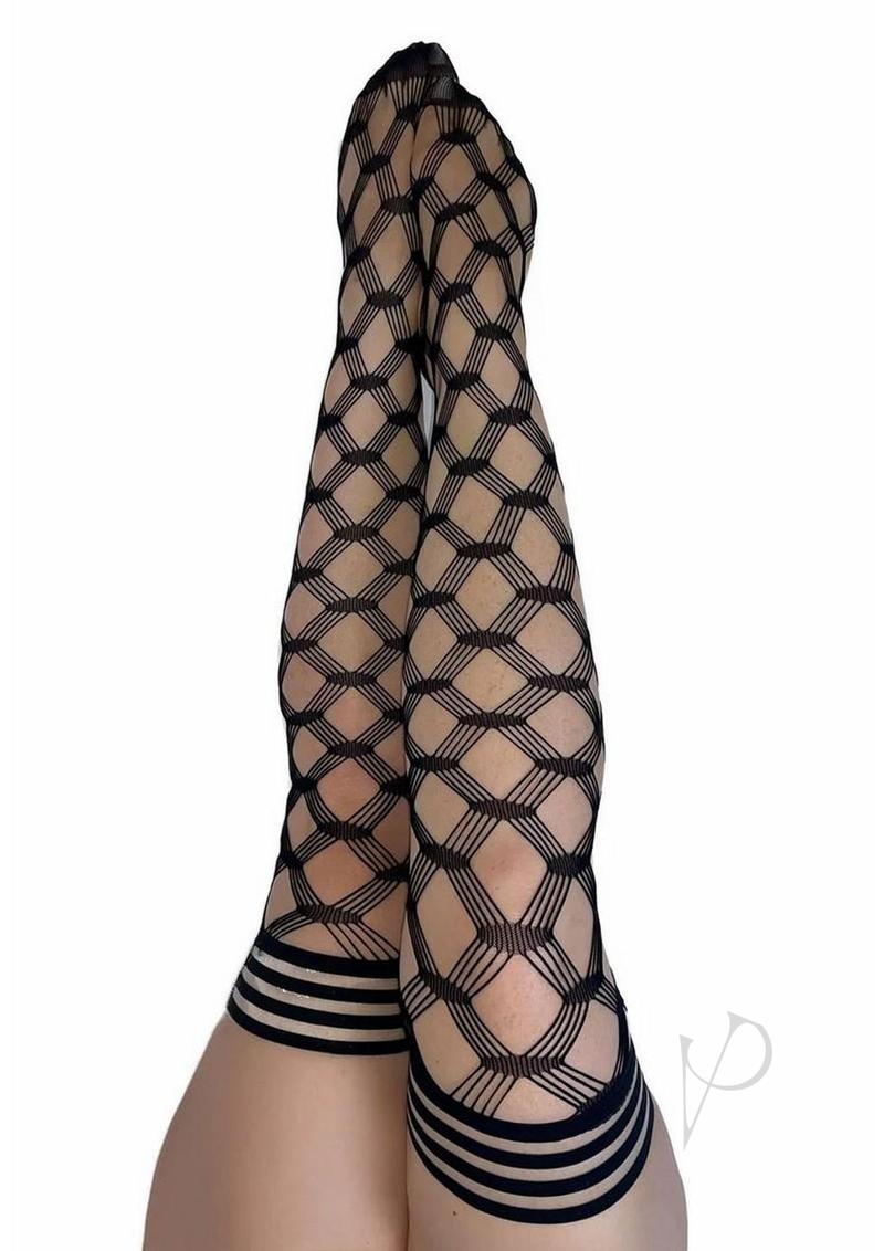 Kixies Cassandra Layered Fence Net Thigh Highs Medium Black featuring bold fishnet design and stay-up comfort.
