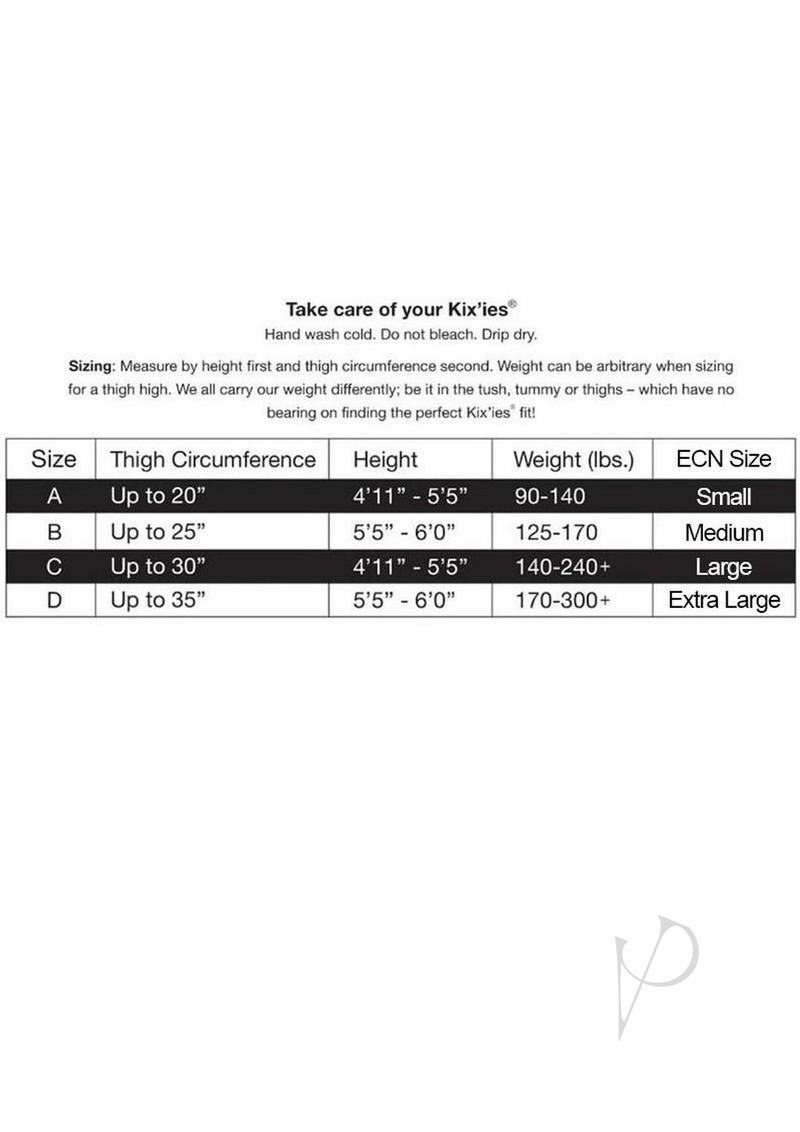 Sizing guide for Kixies Cassandra Layered Fence Net Thigh Highs Medium Black including thigh circumference and weight.