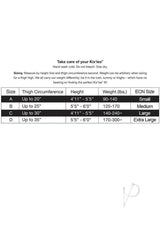 Sizing guide for Kixies Cassandra Layered Fence Net Thigh Highs Medium Black including thigh circumference and weight.