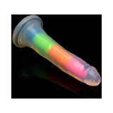 Lollicock Silicone Dildo 7 inch Rainbow Glow in the Dark showcasing colorful design on a black background.
