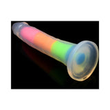 Lollicock Silicone Dildo 7 inch Rainbow Glow in the Dark displayed on a dark background, showcasing its colorful design.