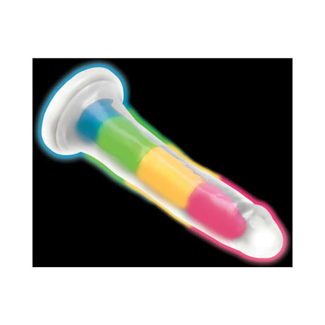 Lollicock Silicone Dildo 7 inch Rainbow Glow in the Dark with colorful stripes and glow effects.