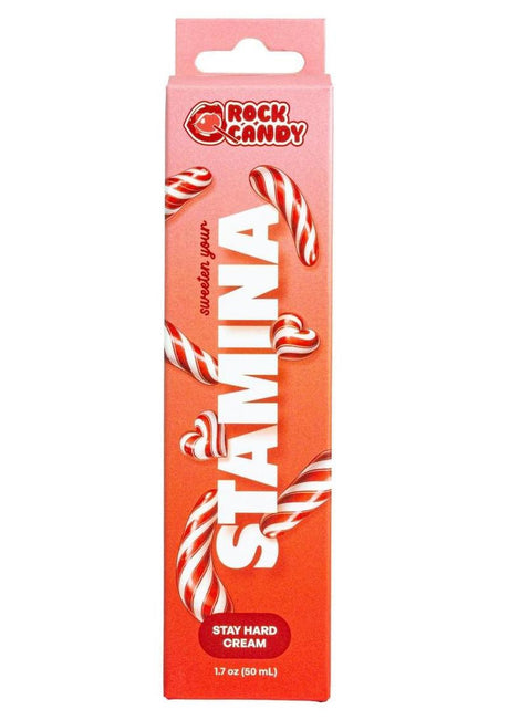 Rock Candy Stamina Sta Hard Cream 1.7 Oz packaging with vibrant colors and candy cane design.