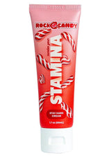 Rock Candy Stamina Sta Hard Cream 1.7 Oz tube featuring candy cane design and stay hard cream label