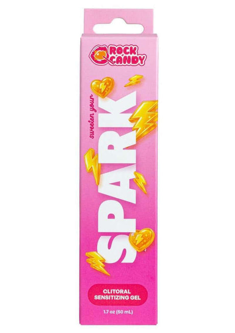 Rock Candy Spark Clitoral Sensitizing Gel 1.7 Oz packaging design with vibrant pink colors and playful graphics.