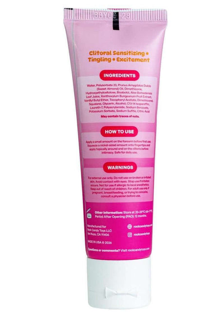 Rock Candy Spark Clitoral Sensitizing Gel 1.7 Oz packaging showing ingredients, usage instructions, and warnings.