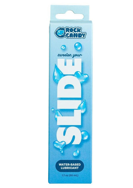 Rock Candy Slide Water Based Lubricant 1.7 Oz packaging with blue design and water droplets