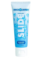Rock Candy Slide Water Based Lubricant 1.7 Oz tube with water droplets design.
