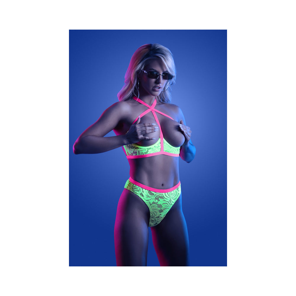 Fantasy Lingerie Glow Persuasive Open Cup Cage Bra & Panty Neon Green M/L