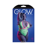 Fantasy Lingerie Glow Spotlight Contrast Elastic Lace Teddy with Snap Closure Neon Green Queen Size