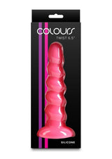 Colours Twist Silicone Dildo with Suction Cup 6.5 Inch Pink in packaging, showcasing its contoured design and vibrant color.