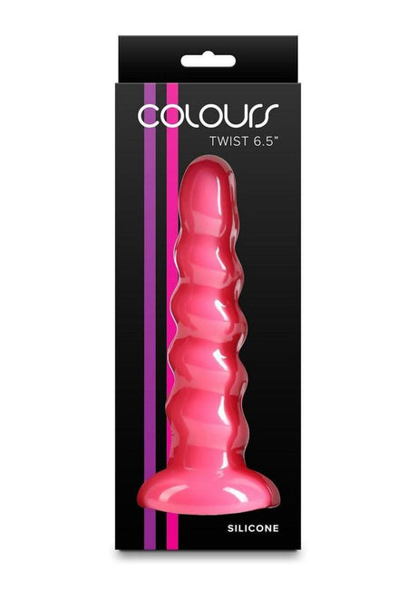 Colours Twist Silicone Dildo with Suction Cup 6.5 Inch Pink in packaging, showcasing its contoured design and vibrant color.
