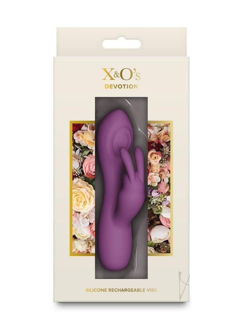 X and O's Devotion Silicone Rabbit Vibrator Purple in packaging with floral design