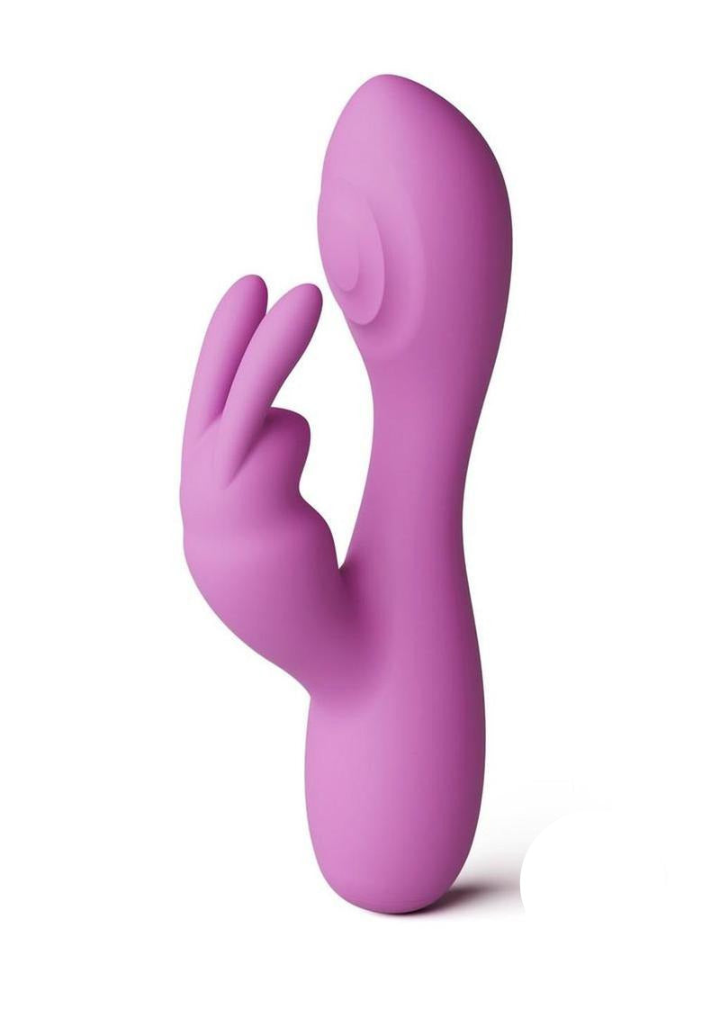 X and O's Devotion Silicone Rabbit Vibrator Purple in vibrant pink color, designed for dual stimulation.