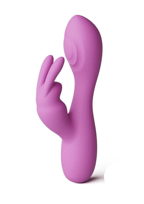 X and O's Devotion Silicone Rabbit Vibrator Purple in vibrant pink color, designed for dual stimulation.