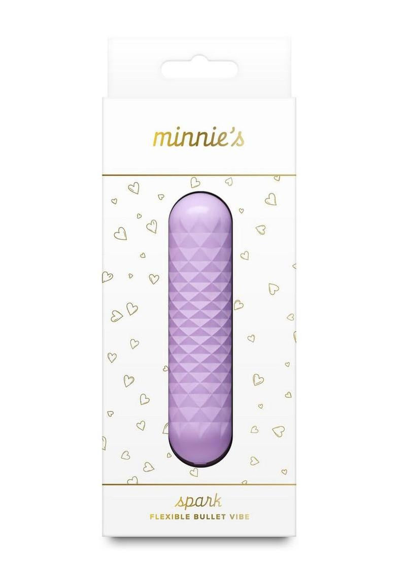 Minnie's Spark Rechargeable Silicone Flexible Bullet Purple packaging featuring a bent bullet vibrator design.